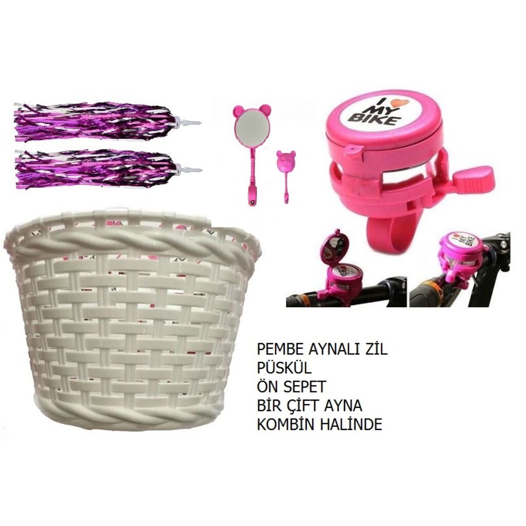 Bisiklet Çocuk Sepet - Aynalı Zil - Püskül - Ayna Dekoratif Set Pembe