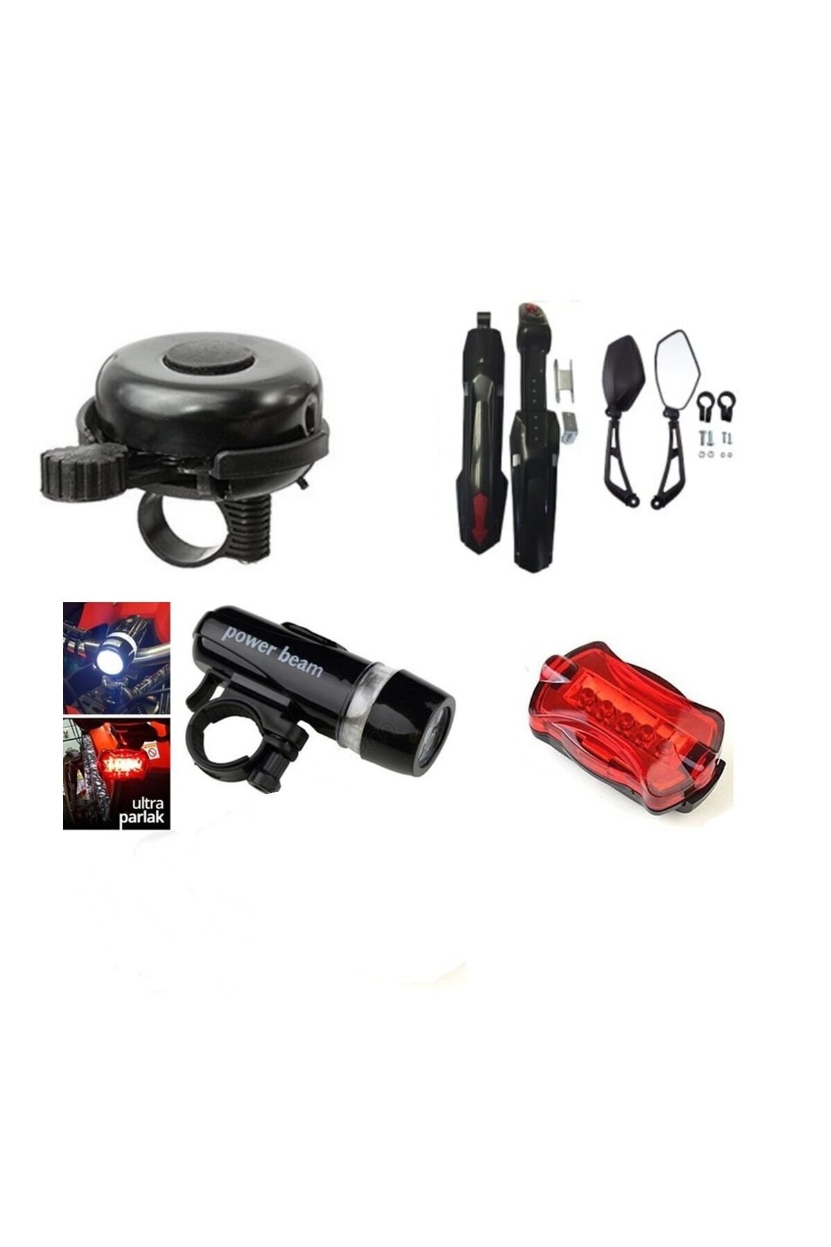 BİSİKLET AKSESUAR SETİ 4 LÜ SET ( ZİL,AYDINLATMA SETİ,AYNA,ÇAMURL